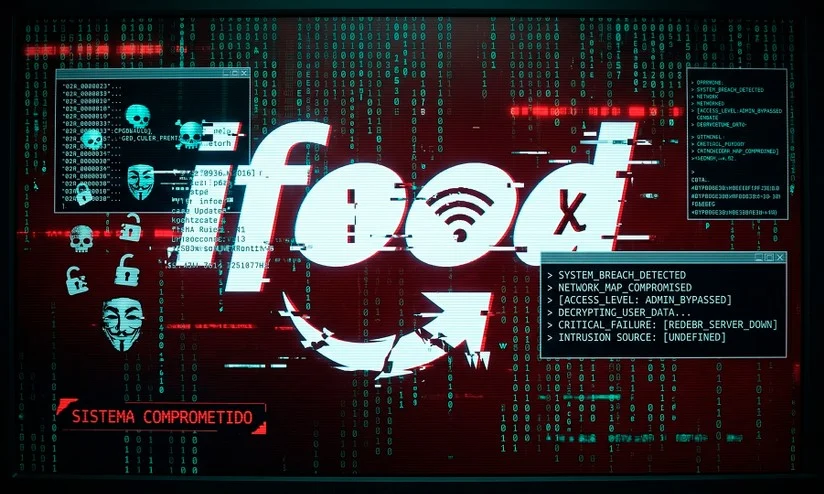 Logotipo do iFood em ambiente virtual com códigos de programação de invasão hacker.