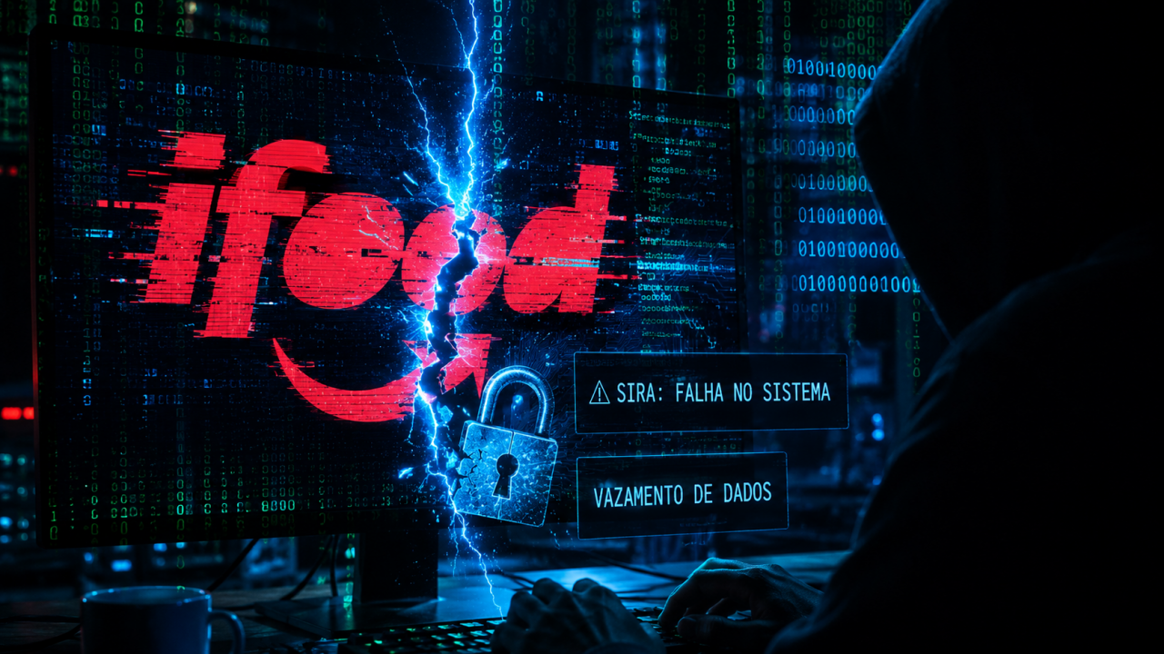 Tela de computador com códigos de programação e logotipo do iFood em ambiente de invasão hacker